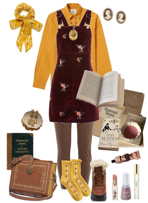 book lover (Annie) Outfit | ShopLook Librarian Outfit Ideas, Cottage Core Everyday Outfit, Hufflepuff Winter Outfit, Book Worm Outfit Aesthetic, Library Chic Outfits, School Librarian Outfit, Bookstore Fashion, Hufflepuff Aesthetic Outfits, Book Girl Outfits