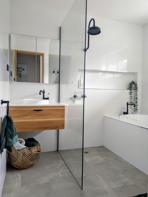 Bathroom White Wall Tiles Grey Floor, White Wall Grey Floor Bathroom, Bathroom Grey Floor Tiles White Walls, Bathroom Grey White Wood, Small Bathroom Grey Floor, Dark Grey Floor Bathroom, White Bathroom Grey Floor, Grey Flooring Bathroom, Bathroom With Grey Floor