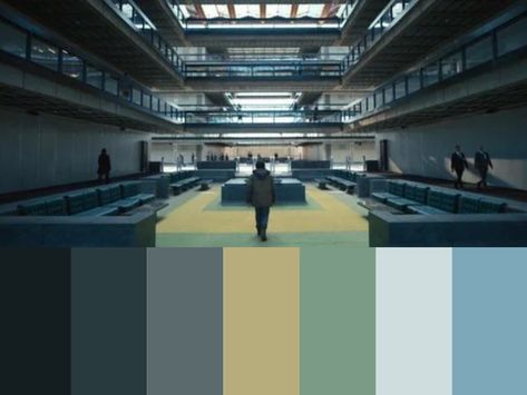 Blue and green color palette inspired by films. This one is from a sci-fi thriller called Severance (Apple tv). Beautiful cinematography and color grading. Follow me for more! Sci Fi Color Palette, Severance Aesthetic, Severance Apple Tv, Cinema Color Palette, Sci Fi Office, Strangely Familiar, Sci Fi Aesthetic, Places Illustration, Beautiful Cinematography