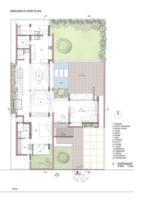 Gallery of Brick House / Architecture Paradigm - 19 Passive Solar House Plans, Solar House Plans, Brick House Plans, Ground Plan, Indian House Plans, Courtyard House Plans, Architectural Floor Plans, Villa Plan, Floor Plan Layout