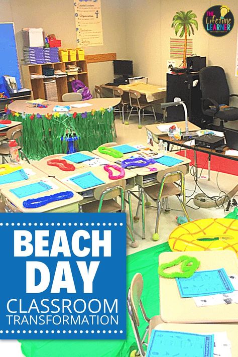 This picture shows a classroom decorated for a Hawaii beach day classroom transformation day and has decorations to go with it. It shows a classroom with tropical decorations on the table and with colorful necklaces, blue recording sheets on the tables. Beach Day Games For School, 1st Grade Classroom Transformation, Beach Day For School, Beach Themed Day At School, Theme Days For Elementary School, Beach Day End Of Year Activities, Beach Ball Games Classroom, First Grade Classroom Transformations, Beach Theme For Classroom