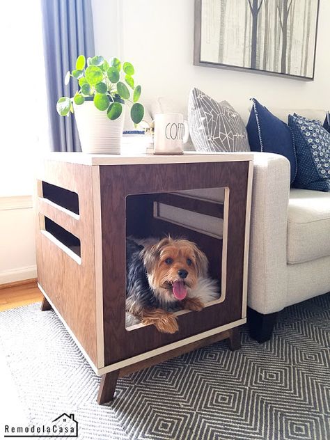 12 Small Updates to Brighten Up Any Room in Your Home - Remodelando la Casa Side Table Kennel, Coffee Table Dog Crate, Dog Crate Side Table, Crate Side Table, Small Dog House, Diy Dog Crate, Dogs Diy Projects, Diy Side Table, Diy Dog Bed