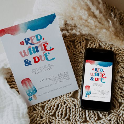 4th of July Baby Shower Invitation July Baby Shower Ideas, 4th Of July Gender Reveal, Red White And Due, Pregnancy Announcement Photography, Party Celebration Ideas, Red White And Blue Decor, White And Blue Decor, 4th Of July Wedding, Patriotic Baby