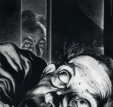 Before going to bed I would count the hours: one, two, three, four, five, six... seven. I looked at the clock. It was four in the morning, so four plus sev Tell Tale Heart, Virgil Finlay, The Tell Tale Heart, Horror Artwork, Allen Poe, Edgar Allen Poe, Heart Illustration, Tableau Art, Comic Collection