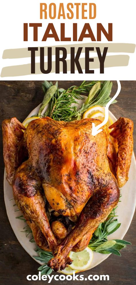 Roasted Italian Turkey is a mouth-watering twist on the traditional Thanksgiving bird. Bursting with flavors of fragrant Italian herbs and garlic, this turkey recipe is seasoned with salty butter, lemon zest, sage and rosemary. It tastes as good as it looks, and is guaranteed to be a memorable centerpiece for your Italian-style Thanksgiving feast! Juicy Turkey Recipe, Cooking The Perfect Turkey, Italian Thanksgiving, Butter Turkey, Christmas Turkey Recipes, Recipe Menu, Thanksgiving Favorites, Herb Roasted Turkey, Juicy Turkey