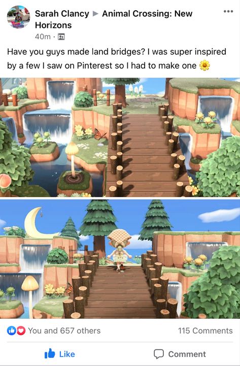 ACNH land bridges look really cool. I especially love the waterfalls at the end. Cool use of space! Funny Animal Crossing, Cottagecore Animal Crossing, Acnh Cottagecore, Animal Crossing 3ds, Ac New Leaf, Animal Crossing Funny, Animal Crossing Memes, Forest Core, Animal Crossing Guide