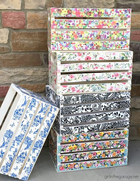 Decoupage Napkin Crates, Framed Cork Boards, and Drawer Shelves - Girl in the Garage® Crate Crafts, Napkin Art, Mod Podge Crafts, Decoupage Wood, Framed Cork Board, Napkin Decoupage, Decoupage Diy, Decoupage Furniture, Decoupage Ideas