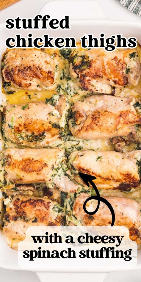 Nothing is as delicious as our stuffed chicken thighs with a creamy spinach and cheese filling. Serve over mashed potatoes or rice. Chicken Thigh With Spinach Recipes, Chicken Thigh Mashed Potatoes, Chicken Thigh Spinach Recipes, Stuffed Chicken Thighs Recipes, Stuffed Chicken Thighs Baked, Stuffed Chicken Thigh Recipes, Stuffing Stuffed Chicken, One Sheet Meals, Stuffed Chicken Thighs