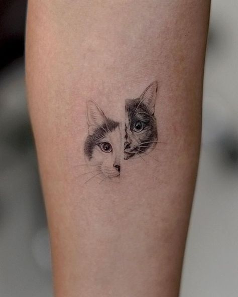 Cat Idea Tattoo, Small Two Cat Tattoo, Cat Lion Tattoo, Small Cat Portrait Tattoo, Tattoos Of Pets, Cute Pet Tattoo Ideas, Two Cats Tattoo Ideas, Tattoo Of Two Cats, Tattoo Ideas For Your Cat