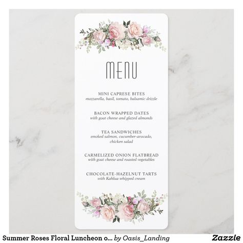 Summer Roses Floral Luncheon or Shower Menu Caprese Bites, Floral Brunch, Luncheon Menu, Tea Party Menu, Almond Tea, Bridal Shower Menu, Carmelized Onions, Bacon Wrapped Dates, Ladies Luncheon