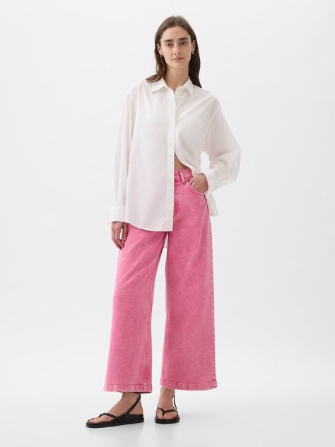 High Rise Stride Wide-Leg Ankle Jeans Pink Jeans Outfit, Pink Pants Outfit, Skirt Styles, Skirts Summer, Fiesta Outfit, Outfit Inspo Summer, Ankle Length Jeans, Girls Fall Outfits, Bold Patterns