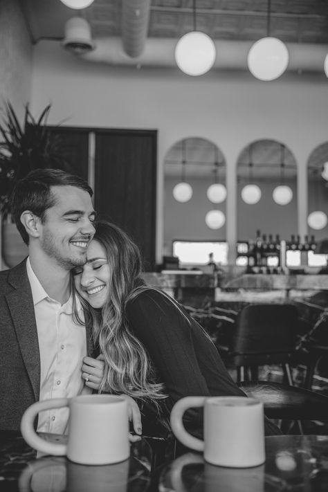 Couple Photos In Coffee Shop, Couple Photography Poses In Cafe, Coffee Shop Photo Shoot Couple, Cute Couple Photos In Cafe, Engagement Pictures Indoors, Engagement Pictures Coffee Shop, Coffee Prenup Ideas, Coffee Engagement Shoot, Smiling Engagement Pictures