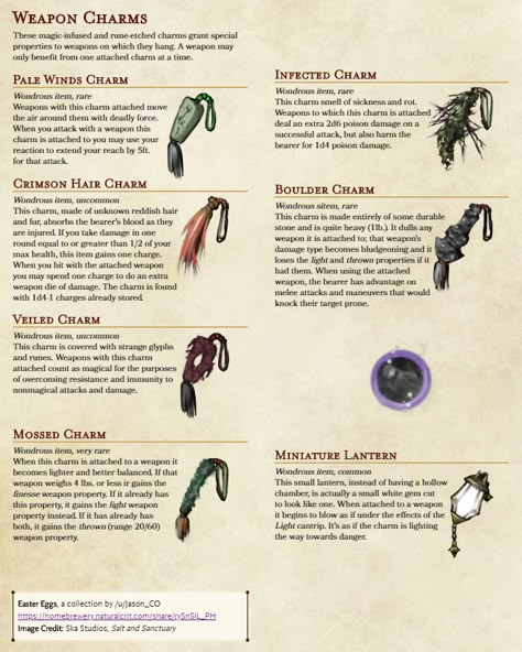 Weapon Charms, items to give weapons extra effects. Some Easter Eggs from Salt and Sanctuary. - Imgur Dnd Pirate Magic Items, Dnd Home Brew Items, Dnd Pirate Campaign, D&d Magic Items, Dnd Blacksmith, Fantasy Items Art, Dnd 5e Magic Items, Dnd Characters Character Concept, Dnd Magic Items Homebrew