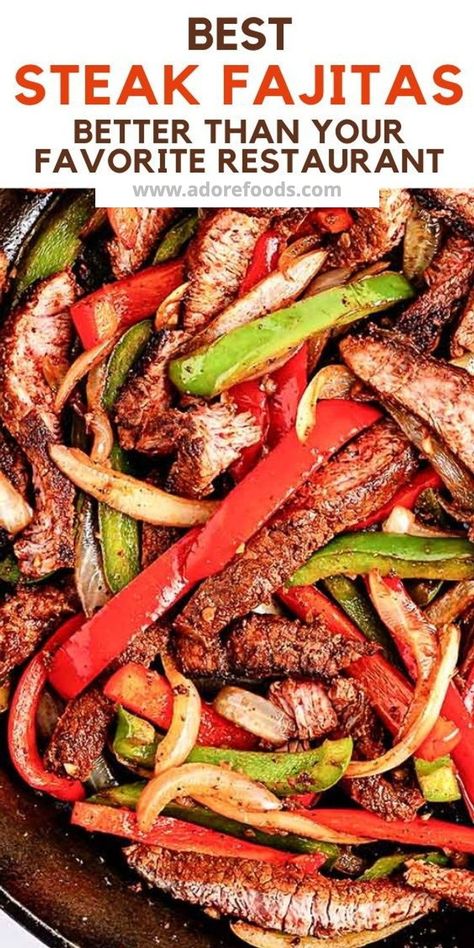 Steak Fajitas made with an easy homemade fajita seasoning, beef steak, bell peppers and onions in a one skillet in just 30 minutes!?| #steak #steakfajitas #fajitas #mexicanfood Best Steak Fajitas, Steak Fajita Marinade, Beef Fajita Recipe, Homemade Fajitas, Steak Fajitas Recipe, Easy Steak Fajitas, Steak Fajita Recipe, Fajita Marinade, The Best Steak