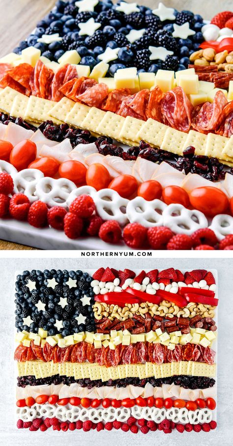 American Flag Charcuterie Board for July 4th and Memorial Day Usa Party Food, Flag Charcuterie Board, Red White And Blue Snacks, American Flag Dessert, Blue Party Foods, 4th Of July Appetizers, Blue Treats, 4th July Food, Blue Snacks