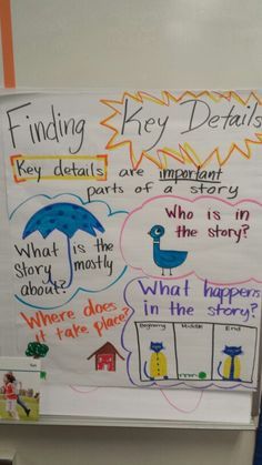 CCSS.ELA-LITERACY.RL.2.1 Ask and answer such questions as who, what, where, when, why, and how to demonstrate understanding of key details in a text. Key Details Anchor Chart, Kindergarten Charts, Details Anchor Chart, Main Idea And Key Details, Room Door Ideas, Anchor Charts First Grade, Ela Anchor Charts, Benchmark Advance, Kindergarten Anchor Charts