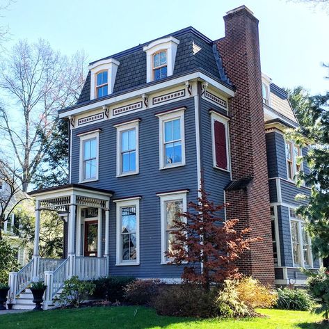 Drop-dead gorgeous colonial with a mansard roof in Cranford French Roof, Purple Houses, Victorian Exterior, Older Homes, Roof Shapes, Mansard Roof, Roof Architecture, Dormer Windows, Roof Styles