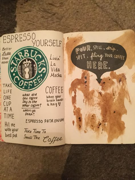 Coffee page✅ wreck this journal Starbucks Journal Ideas, Coffee Journal Ideas, Wreck This Journal Pages, Wreck This Journal Ideas Pages, Chocolate Journal, Wreak This Journal Pages, Wreck Journal, Wreck This Journal Everywhere, Chocolate Package