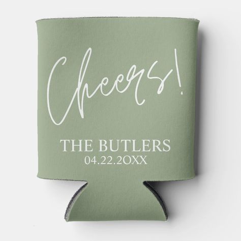 Wedding Koozie Ideas Country, Destination Wedding Koozies, Wedding Drink Koozies, Wedding Cozies, Wedding Koozies Sayings, Wedding Can Koozie Ideas, Sage Green And Champagne Wedding, Coozie Wedding Favors, Koozies For Wedding