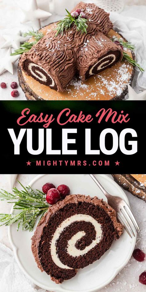 Yule Log Cake Easy, Easy Yule Log Recipe, Christmas Cake Roll, Yule Log Cake Recipe, Yule Holiday, Yule Log Recipe, Chocolate Buttercream Icing, Chocolate Yule Log, Recipes Using Cake Mix