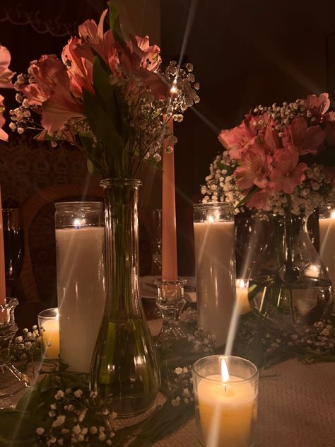 Candles Party Decorations, Candle And Flower Aesthetic, Flowers And Candles Aesthetic, Floral Dinner Party Aesthetic, Candle Party Decor, Flowers On Table Aesthetic, Candlelit Dinner Aesthetic, Candle Dinner Aesthetic, Candle Lit Dinner Aesthetic