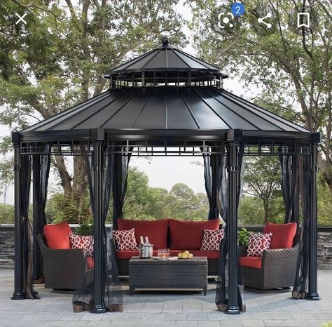 Round Gazebo Ideas Backyard, Black Gazebo, Round Gazebo, Tropical Backyard Landscaping, Gazebo Ideas, Patio Privacy, Tropical Backyard, Backyard Fireplace, Backyard Gazebo