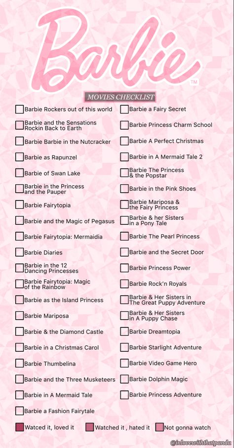 Barbie Movie Challenge, Girly Movies List, Barbie Movies List In Order, List Of Barbie Movies, Barbie Movies To Watch, Barbie Watch List, Barbie Movie Marathon Aesthetic, Barbie Marathon List, Disney Checklist Movie