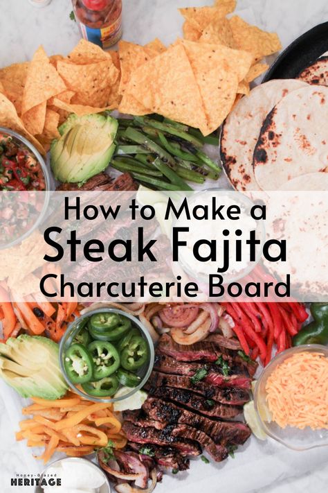 I am so excited to show you how to make a steak fajita charcuterie board! Its rainbow of colors make it a bonafide show-stopper at any gathering! There's tender, flavorful skirt steak surrounded by sliced green, yellow, orange, and red peppers, onions, and of course, the cheeses and all the must-have toppings. Serve this at your next fiesta and you’ll definitely win host of the year. Guaranteed. Gluten Free Party, Gluten Free Party Food, Fajita Vegetables, Tortilla Shells, Mexican Seasoning, Orange Peppers, Sliced Steak, Fajita Seasoning, Steak Fajitas