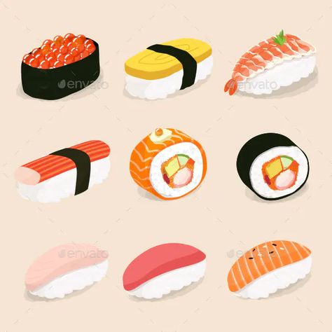 Sushi Vector, Sushi Drawing, Japanese Food Illustration, Sushi Love, Sushi Party, Sushi Art, Food Illustration Art, Vector Food, Food Drawings