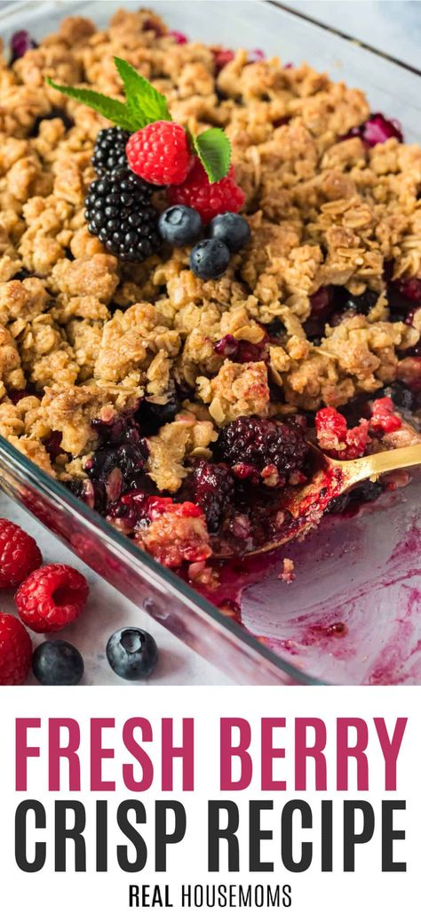 Fresh Berry Crisp is a beautiful and easy-to-make dessert bursting with fresh raspberries, blackberries, blueberries, and sweet oat topping! #Realhousemoms #freshberry #berrycrisp #raspberries #blackberries #blueberries #oats #dessert #potluck #summertime #memorialday #4thofjuly Blueberry Raspberry Crisp, Berry Crisp With Fresh Berries, Recipes For Frozen Blackberries, Recipes Using Frozen Mixed Berries, Recipes Using Fresh Blackberries, Fresh Berry Dessert Recipes, Raspberry And Blackberry Recipes, Easy Blackberry Dessert, Blackberries Recipes Easy