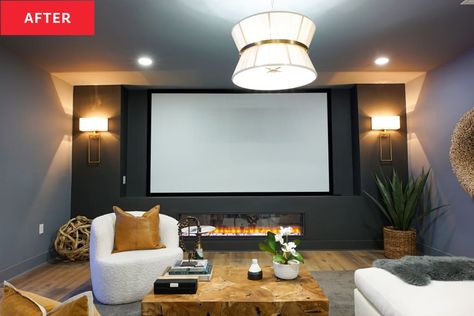 Projector Screen Entertainment Center, Basement With Projection Screen, Basement Ideas Projector, Electric Fireplace Under Projector Screen, Projector In Basement Ideas, Projector Basement Ideas, Basement With Projector, Projector In Basement, Projector Basement