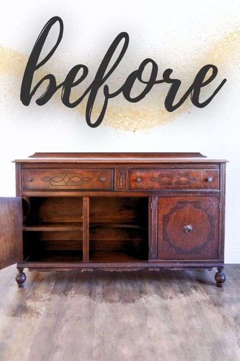 Antique Blue Sideboard Buffet How To Style A Buffet, Antique Buffet Makeover, Vintage Buffet Makeover, Sideboard Decor Dining Room, Dining Room Buffet Cabinet, Sideboard Makeover, Sanding Furniture, Sideboard With Mirror, Antique Sideboard Buffet