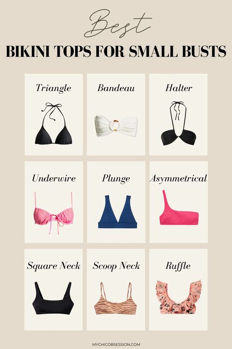 Wondering what the best bikini tops for small busts are? This guide will provide recommendations that will have you feeling your best! Different Swimsuit Types, Types Of Bikinis Style, Best Bathing Suits For Small Bust, Best Tops For Small Bust, Best Swimsuits For Small Bust, Swimwear For Small Breast, Swimsuit Small Bust, Best Bikinis For Small Bust, Bikinis For Small Chest