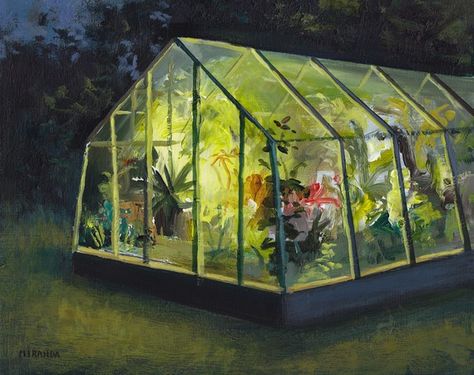 Greenhouse at Night by Jeremy Miranda Ohkii Studio, Greenhouse Architecture, What Is A Conservatory, Jeremy Miranda, Greenhouse Inspiration, Botanical Painting, Night Art, Plant Illustration, Contemporary Landscape