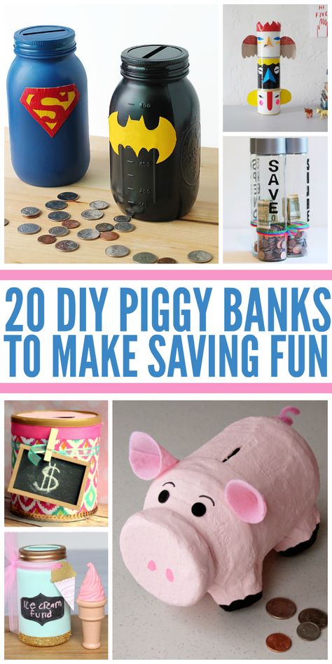 Lots of great ideas to make your own DIY piggy bank. Many from recycled materials! Homemade Piggy Banks, Piggy Bank Design, Diy Coin Bank, Diy Piggy Bank, Piggy Bank Craft, Piggy Bank Diy, Diy Bank, Saving Money Diy, Basket Gifts