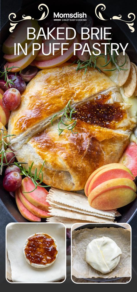 This baked Brie features buttery melted Brie cheese and fig jam encased in flaky puff pastry. It makes the perfect appetizer for your next party, movie night, or holiday! Baked Brie With Phyllo Dough, Brie Bites Puff Pastry Fig, Cheese Brie Recipe, Baked Brie In Puffed Pastry, Brie Pastry Appetizer, Brie And Phyllo Appetizer, Brie With Puff Pastry And Jelly, Pastry Brie Recipes, Brie Melt Recipes