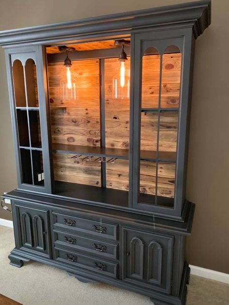 China Cabinet Buffet, Rustic Bar Cabinet, Old China Cabinet, Wine Hutch, China Cabinet Bar, China Cabinet Redo, Painted China Cabinets, Redo Cabinets, Cabinet Buffet