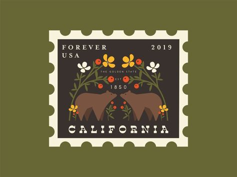 california stamp by Marisa Schoen on Dribbble | bear bears cali california floral flower mid century poppies poppy postage stamp retro so cal stamp symmetrical Post Stamp Illustration, Postage Stamp Illustration, Post Stamp Design, California Stamp, California Illustration, Stamp Illustration, Postage Stamp Design, Poppy Design, Post Stamps