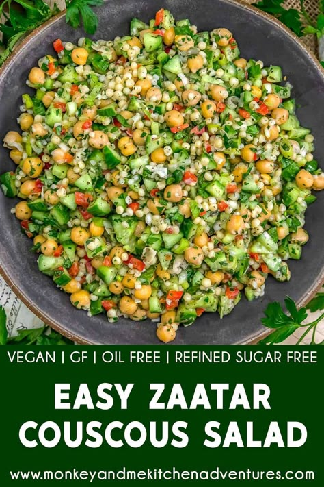 Bursting with flavor, this Easy Zaatar Couscous Salad combines couscous, chickpeas, veggies, and herbs tossed together in a zesty dressing. #wholefoodplantbased #vegan #oilfree #glutenfree #plantbased | monkeyandmekitchenadventures.com Vegan Couscous Recipes, Warm Weather Meals, Whole Food Plant Based Lunch, Chicken Couscous Salad, Giant Couscous, Plant Based Sauces, Couscous Healthy, Veggies Dinner, Zaatar Spice