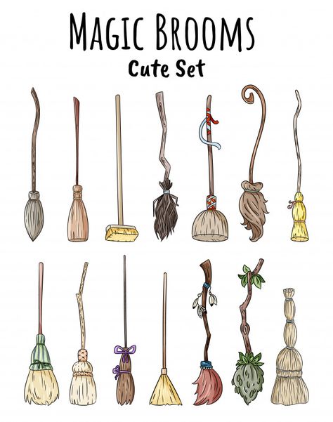 Set of cute broomstick doodles Premium V... | Premium Vector #Freepik #vector #vintage Witch Broom Aesthetic, Witches Broom Drawing, Witch Broom Art, Broom Painting, Broom Drawing, Harry Potter Broom, Miles Fairchild, Witches Broomsticks, Witch Drawing