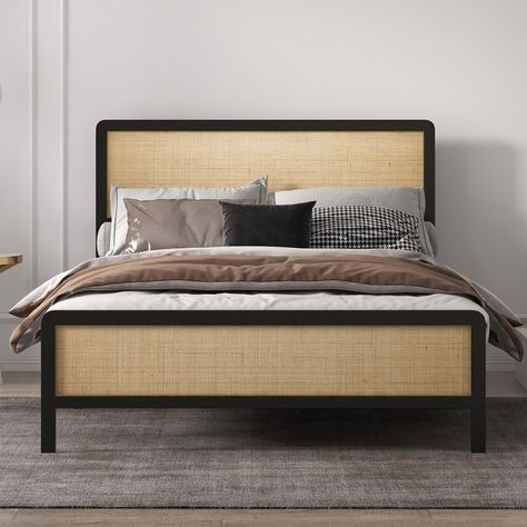 Metal Bed Frame with Rattan Headbaord and Footboard - Bed Bath & Beyond - 41494301 Black Rattan Bed, Queen Size Metal Bed Frame, Twin Xl Bed Frame, Rattan Bed Frame, Rattan Bedroom, Black Metal Bed, Queen Size Bed Frame, Rattan Bed, Rattan Headboard