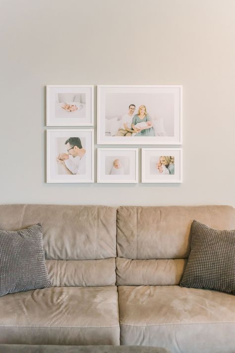 Newborn Picture Wall Display, Photo Frame For Bedroom Wall, Newborn Photo Frame Ideas, Nursery Family Photos Wall Art, Newborn Photo Collage, Display Newborn Photos Wall Ideas, Family Photographs On Wall, Newborn Photo Gallery Wall, Displaying Newborn Photos