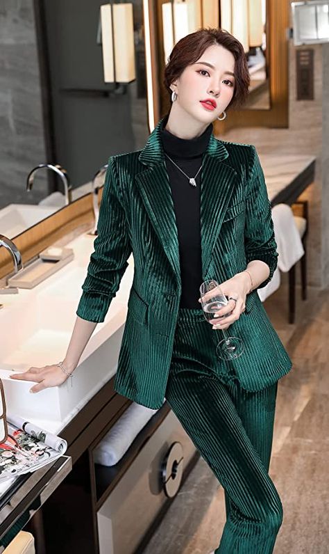 Amazon.com: LISUEYNE Women's Business Blazer Pant Suit Set for Work Velvet Long Sleeves Suits (Small, Blackish Green) : Clothing, Shoes & Jewelry Velvet Blazer Women, Women Work Wear, Pant Suit Set, Velvet Pleated Skirt, Green Clothing, Velvet Suit, Velvet Coat, Womens Suits, Green Suit