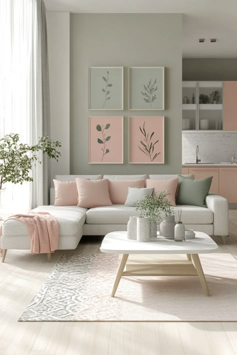 Neutral Pastel Living Room, Pastel Pink And Green Living Room, Soft Pastel Interior Design, Home Decor Ideas Pastel, Soft Pastel Living Room, Pastel Color Home Interiors, Muted Pink Living Room, Pastel Interior Design Living Room, Living Room Mint Green