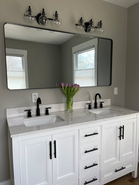 Double Sink One Mirror Bathroom Ideas, Double Sink Bathroom Vanity Large Mirror, Master Bath Single Mirror, Vanity Mirror In Bathroom, Bathroom Mirrors Modern Farmhouse, Double Sink Vanity Small Bathroom, Double Sink Vanity One Mirror, Small Double Bathroom Sink, Sage Green Double Bathroom Vanity