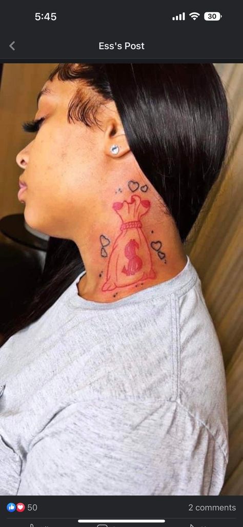 Cute Neck Tattoos For Black Women, Neck Tattoos On Black Women, Baddie Tattoos Neck, Neck Tats Black Women, Moneybag Tattoos On Neck, Money Bag Neck Tattoo, Thug Tattoos For Women Neck, Hood Girl Tattoos, Baddie Neck Tattoo Ideas Female