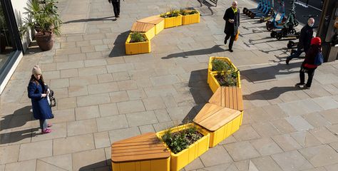 Uniun modular seating and planters Street Furniture Design Public Spaces, Outdoor Eating Spaces Public, Modular Urban Furniture, Movable Planter, Modular Planter, Modular Street Furniture, Urban Bench Street Furniture, Tactical Urbanism, Urban Regeneration