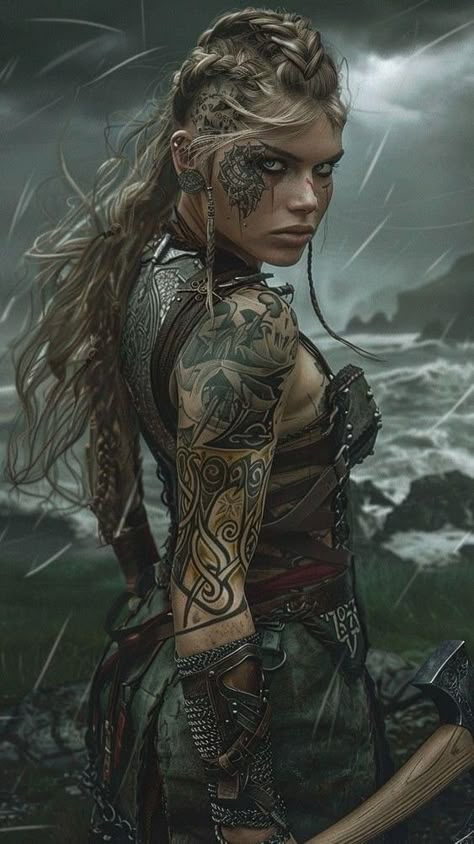 Valkyrie Hair, Valkyrie Norse, Barbarian Woman, Viking Warrior Woman, Female Warrior Tattoo, Viking Character, Female Artwork, Amazon Warrior, Viking Women