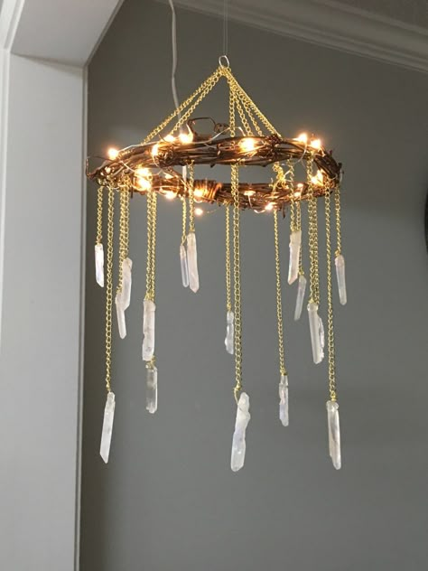 Bohemian Wood & Crystal Chandelier Pendant Lighting Wood Lamps Chandelier Diy, Crystal Mobile, Bohemian Nursery, Yoga Studio Design, Diy Lampe, Rustic Chandelier, Diy Crystals, Rustic Lighting, Dreamcatchers