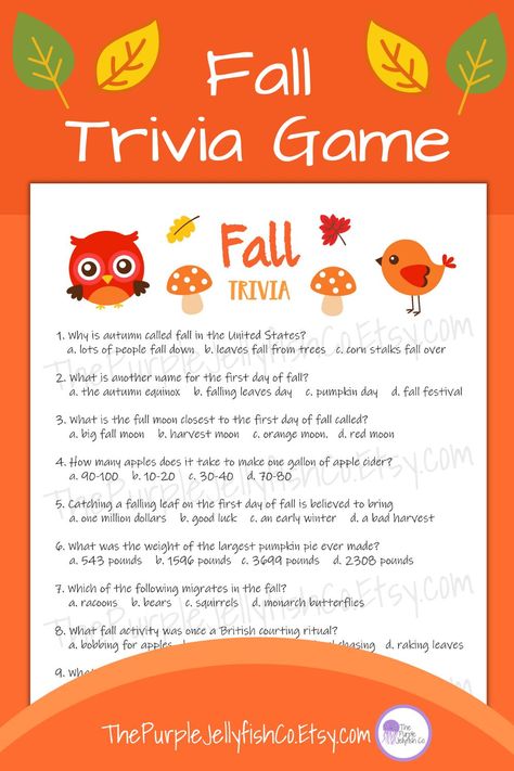 Fall trivia game for kids and adults. Instant download. Fall trivia game sheet with cute autumn themed clipart shown on fall colored orange background. Fun fall game for kids and adults! Great as a fall classroom activity, for a fall unit study, or as a fall party game! Great game for work or classroom activity. Fun for kids, teens, adults and seniors! 10 fall themed trivia questions with answer key. Print at home. Fall Unit Study, Fall Trivia, Trivia For Seniors, School Fall Festival, Fall Classroom Activities, Fall Party Games, Fall Birthday Party, Autumn Activity, Fall Party Themes